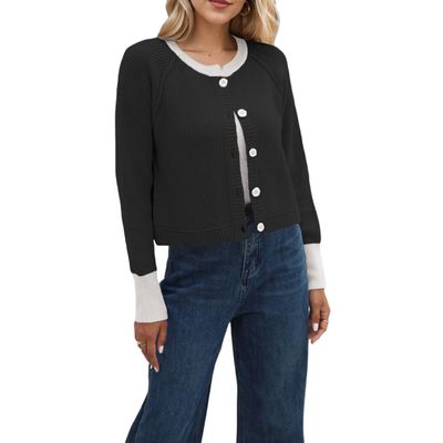HANMAX Women's Cropped Cardigan Sweaters Button Down Open Front Long Sleeve Fall Trendy Color Block Knit Coats Black