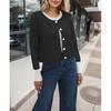 HANMAX Women's Cropped Cardigan Sweaters Button Down Open Front Long Sleeve Fall Trendy Color Block Knit Coats Black view 2