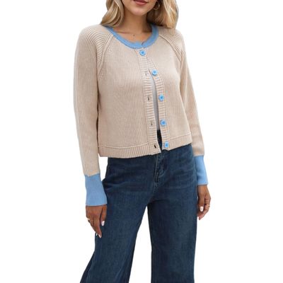 HANMAX Women's Cropped Cardigan Sweaters Button Down Open Front Long Sleeve Fall Trendy Color Block Knit Coats Apricot