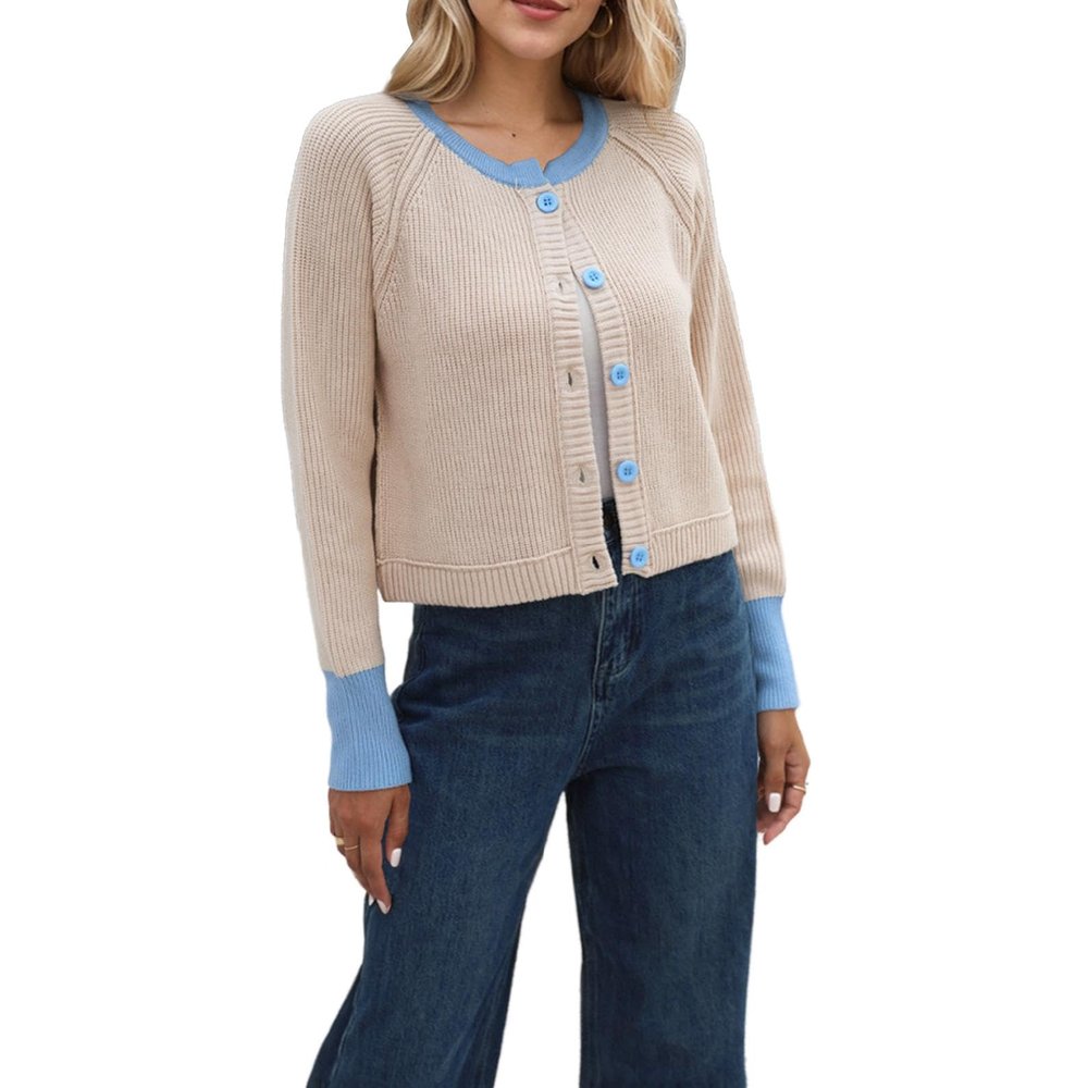 HANMAX Women's Cropped Cardigan Sweaters Button Down Open Front Long Sleeve Fall Trendy Color Block Knit Coats Apricot