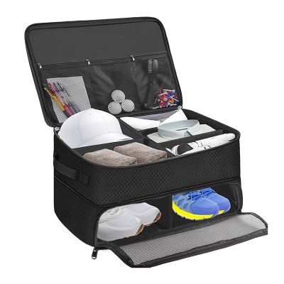 PERZOE Golf Trunk Organizer, Waterproof 2 Layer Car Golf Shoes Bag with Separate Ventilated Compartments for 2 Pair Shoes, Golf Locker to Store Golf Trunk Storage for Balls Gloves Tees Black