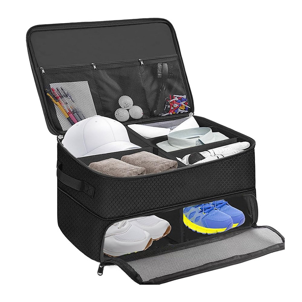 PERZOE Golf Trunk Organizer, Waterproof 2 Layer Car Golf Shoes Bag with Separate Ventilated Compartments for 2 Pair Shoes, Golf Locker to Store Golf Trunk Storage for Balls Gloves Tees Black
