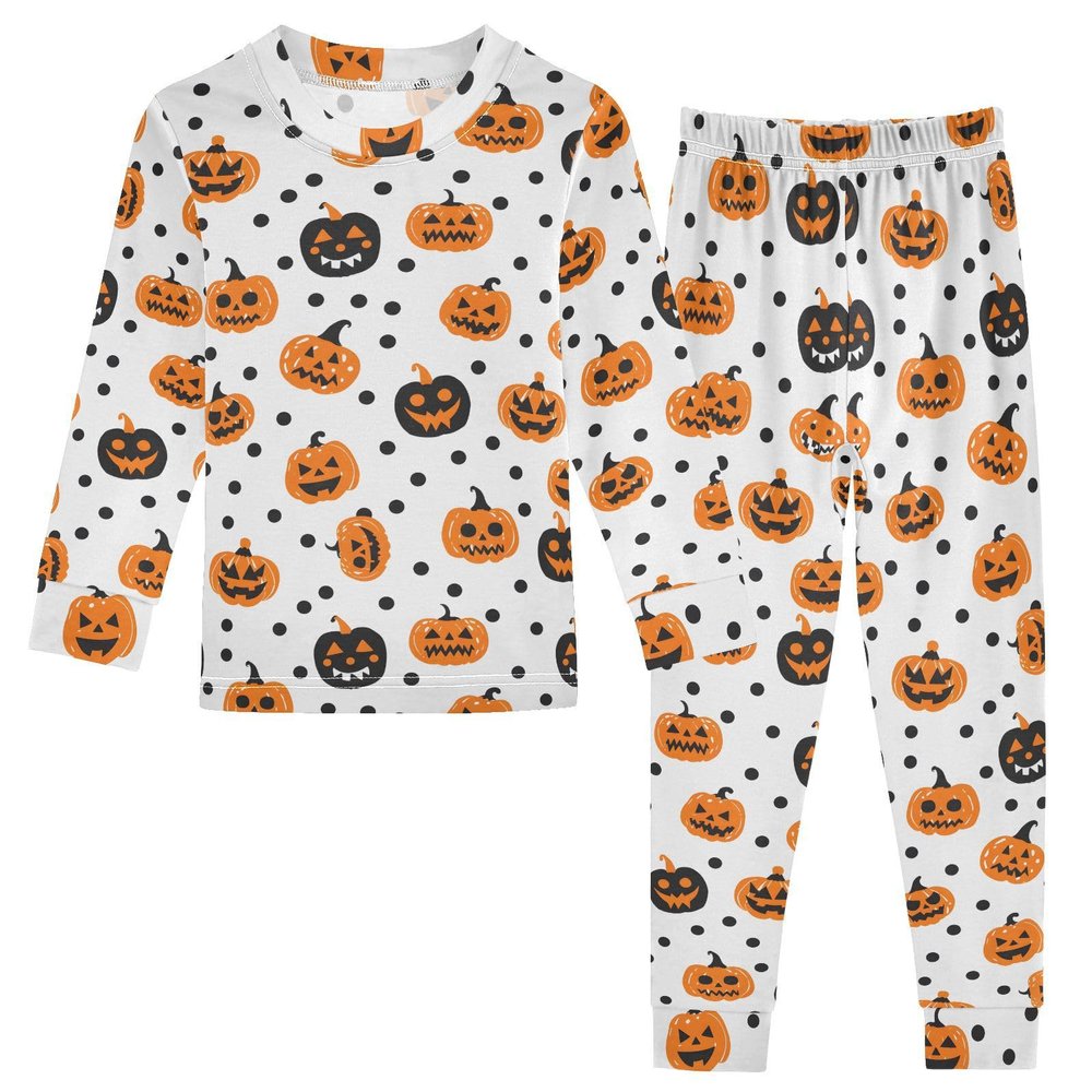 ALAZA Halloween Pumpkin Polka Dots White 2 Piece Pajama Set Long Sleeve Top and Pants Sleepwear Unisex 18M