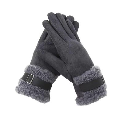 Warm Gloves Women Suede Gloves Winter Keep Warm Mittens Full Finger Lined Gloves for Cold Weather (Grey, A)