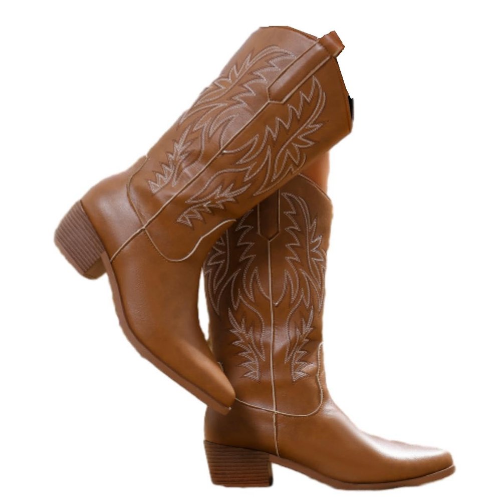 Cowgirl Boot for Women,Retro Classic Mid Calf Western Boots Embroidered Pointed Toe Chunky Block Heel Cowboy Boots