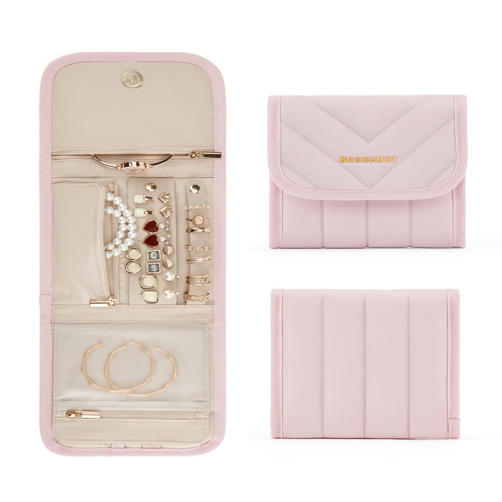 BAGSMART Travel Jewelry Organizer Case, Foldable Jewelry Roll for Necklaces, Earrings, Journey-Rings, Bracelets, Brooches, Portable, Pink