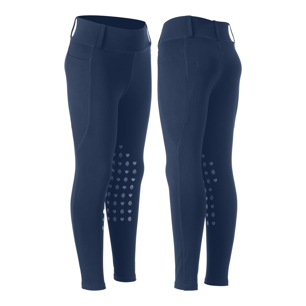 Equinavia Classic Kids Silicone Knee Patch Horse Riding Pants with Phone Pockets | Equestrian Breeches Unisex Schooling Tights for Girls and Boys - Deep Blue - S
