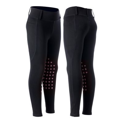 Equinavia Classic Kids Silicone Knee Patch Horse Riding Pants with Phone Pockets | Equestrian Breeches Unisex Schooling Tights for Girls and Boys - Black/Pink - S