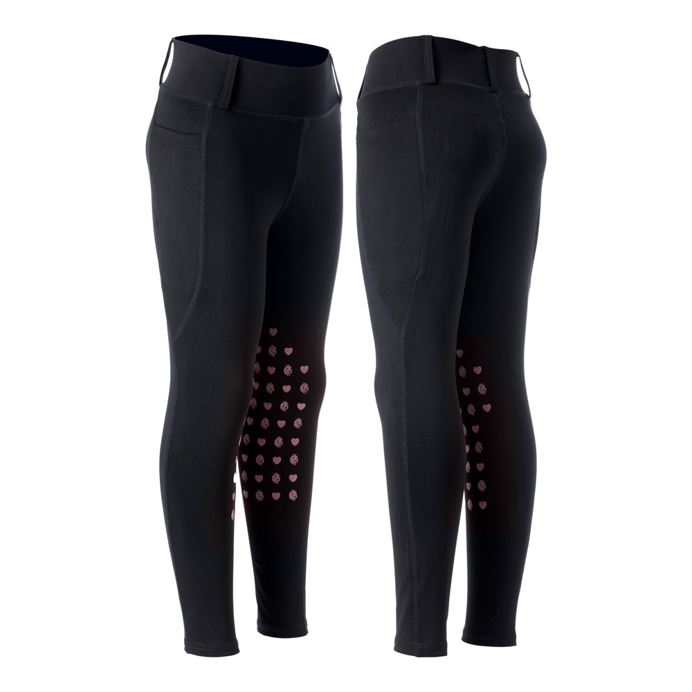 Equinavia Classic Kids Silicone Knee Patch Horse Riding Pants with Phone Pockets | Equestrian Breeches Unisex Schooling Tights for Girls and Boys - Black/Pink - S