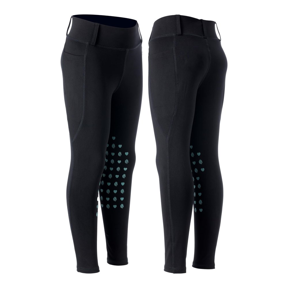 Equinavia Classic Kids Silicone Knee Patch Horse Riding Pants with Phone Pockets | Equestrian Breeches Unisex Schooling Tights for Girls and Boys - Black/Turquoise - XS