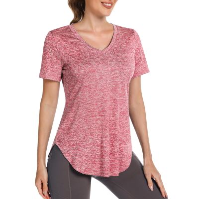Alovien Short Sleeve Workout Shirts Women Loose Fit, V-Neck Women Exercise T-Shirt Workout Top, Dry Fit Yoga Gym Sport Tops, Pink,XXL
