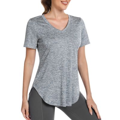 Alovien Short Sleeve Workout Shirts Women Loose Fit, V-Neck Women Exercise T-Shirt Workout Top, Dry Fit Yoga Gym Sport Tops, Light Grey,S
