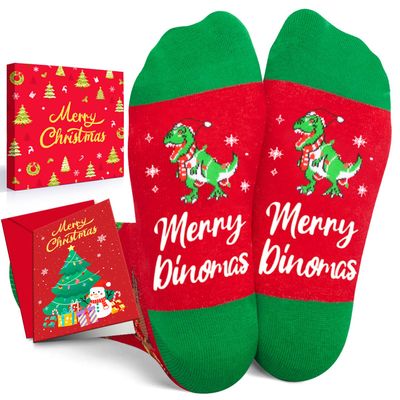 HAPPYPOP Christmas Gifts Stocking Socks - Dinosaur Socks Xmas Stocking Stuffers for Teen Boys Girls Teenagers