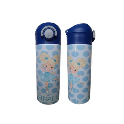 Personalized Blue Ballerina Water Bottle - 12 oz Flip Top Water Bottle with Straw