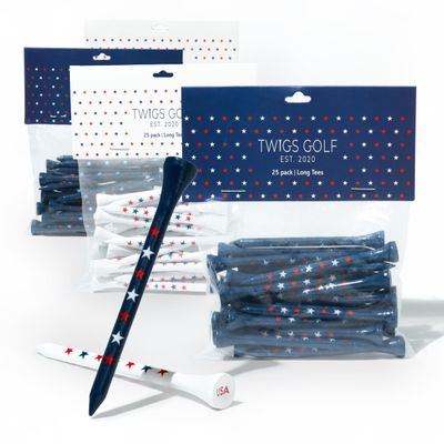 Twigs Golf Tees, Long Bamboo Tees, 100 Count, 3-1/4 inch, Blue and White Stars USA Design