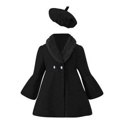 Toddler Baby Girls Wool Blend Solid Color Coat Flare Long Sleeve Lapel Trench with Hats Winter (Black, 12-18 Months)