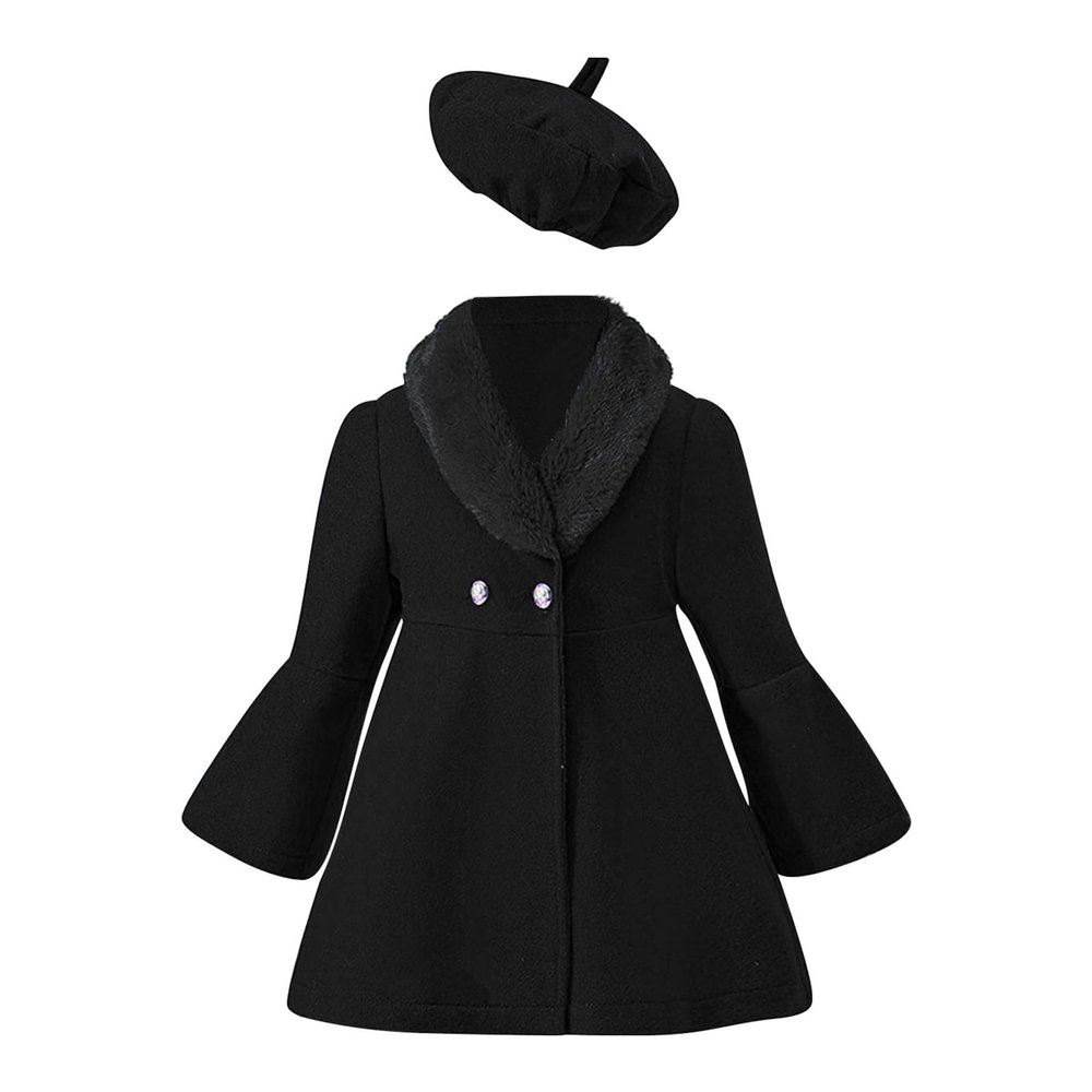 Toddler Baby Girls Wool Blend Solid Color Coat Flare Long Sleeve Lapel Trench with Hats Winter (Black, 12-18 Months)