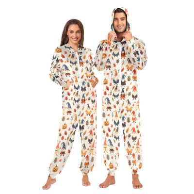 ALAZA Halloween Gnome Maple Leaf Adult Onesie Pajamas Jumpsuit Unisex One-Piece Pajamas for Women Men L Multi