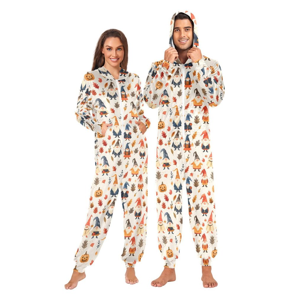 ALAZA Halloween Gnome Maple Leaf Adult Onesie Pajamas Jumpsuit Unisex One-Piece Pajamas for Women Men L Multi
