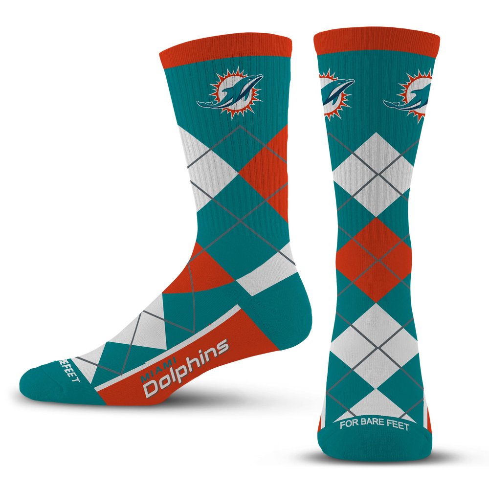 For Bare Feet - NFL Team Logo and Colors Men's Ribbed Argyle Socks Size Large 10-13 (US, Alpha, Large, Regular, Regular, Miami Dolphins)