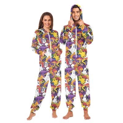 ALAZA Halloween Sugar Skull Mushroom Adult Onesie Pajamas Jumpsuit Unisex One-Piece Pajamas for Women Men S Multi