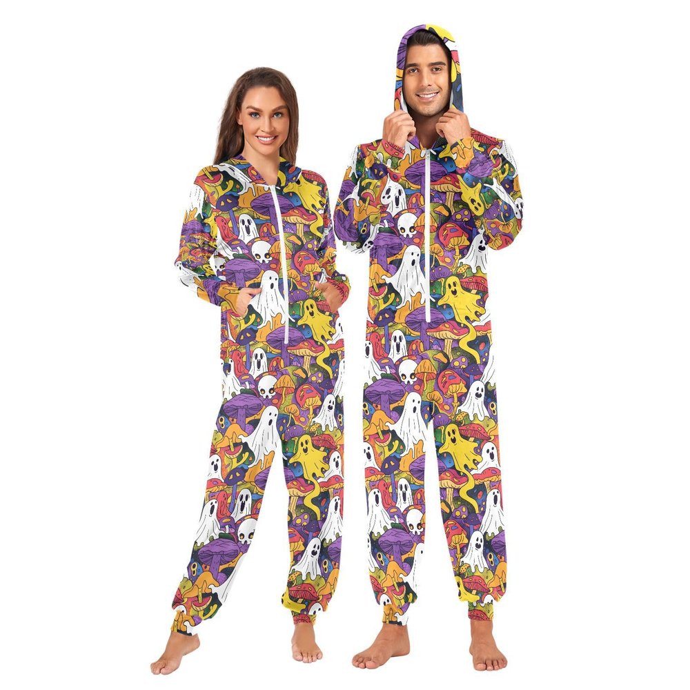ALAZA Halloween Sugar Skull Mushroom Adult Onesie Pajamas Jumpsuit Unisex One-Piece Pajamas for Women Men S Multi