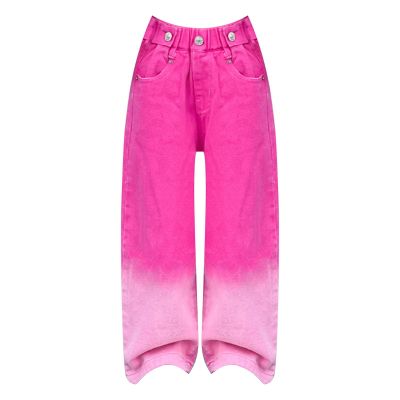 Girls Baggy Jeans Candy Colors High Gradient Color Elastic Waist Wide Leg Washed Lightweight Pants (Hot Pink, 5-6 Years)