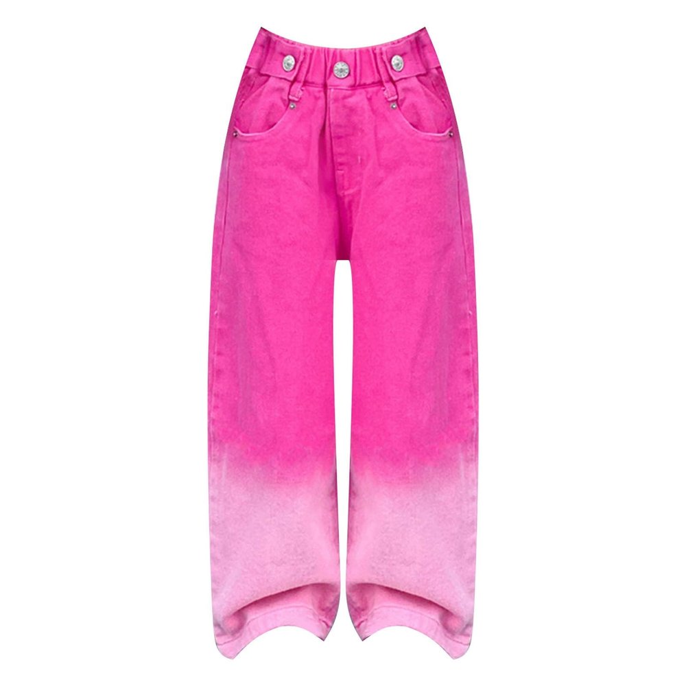 Girls Baggy Jeans Candy Colors High Gradient Color Elastic Waist Wide Leg Washed Lightweight Pants (Hot Pink, 5-6 Years)