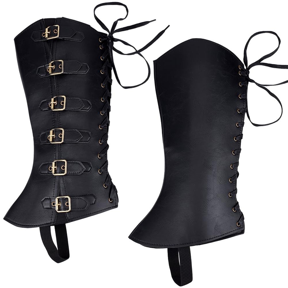 GORGECRAFT 2Pcs Knight Leg Guards Gaiters Steampunk Medieval Boot Covers Imitation Leather Pirate Boot Tops with Buckle Straps Leg Wraps Shoes Accessories for Halloween Cosplay Viking Costume Black