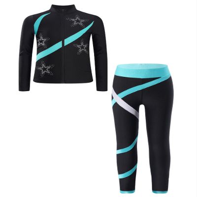 ACSUSS Kids Girls 2Pcs Figure Skating Training Suit Ice Skating Jacket with Practice Leggings Ice Skating Pants Set Blue Green 14 Years