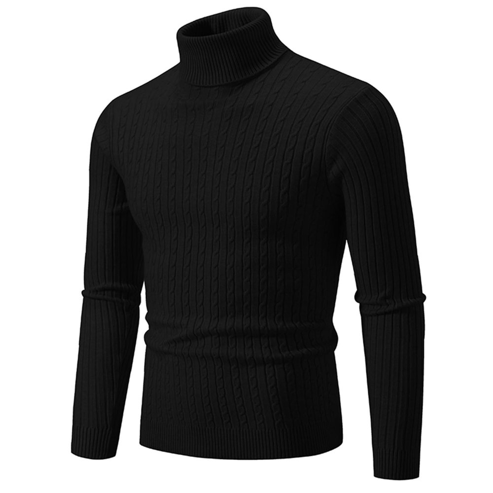 Mens Turtleneck Sweater Slim Fit Cable Knitted Casual Pullover Lightweight Ribbed Long Sleeve Sweaters Black