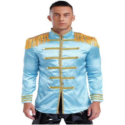 Linjinx Men's Adults Fancy Dress Hippie 1960s Satin Cardigan Coat SGT Sergeant Pepper Costume Light Blue Small