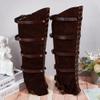 GORGECRAFT 2Pcs Knight Leg Guards Gaiters Steampunk Medieval Boot Covers Renaissance Pirate Cosplay Imitation Leather Leg Warmer Wraps Shoes Accessories for Halloween Costume Viking Coconut Brown view 4