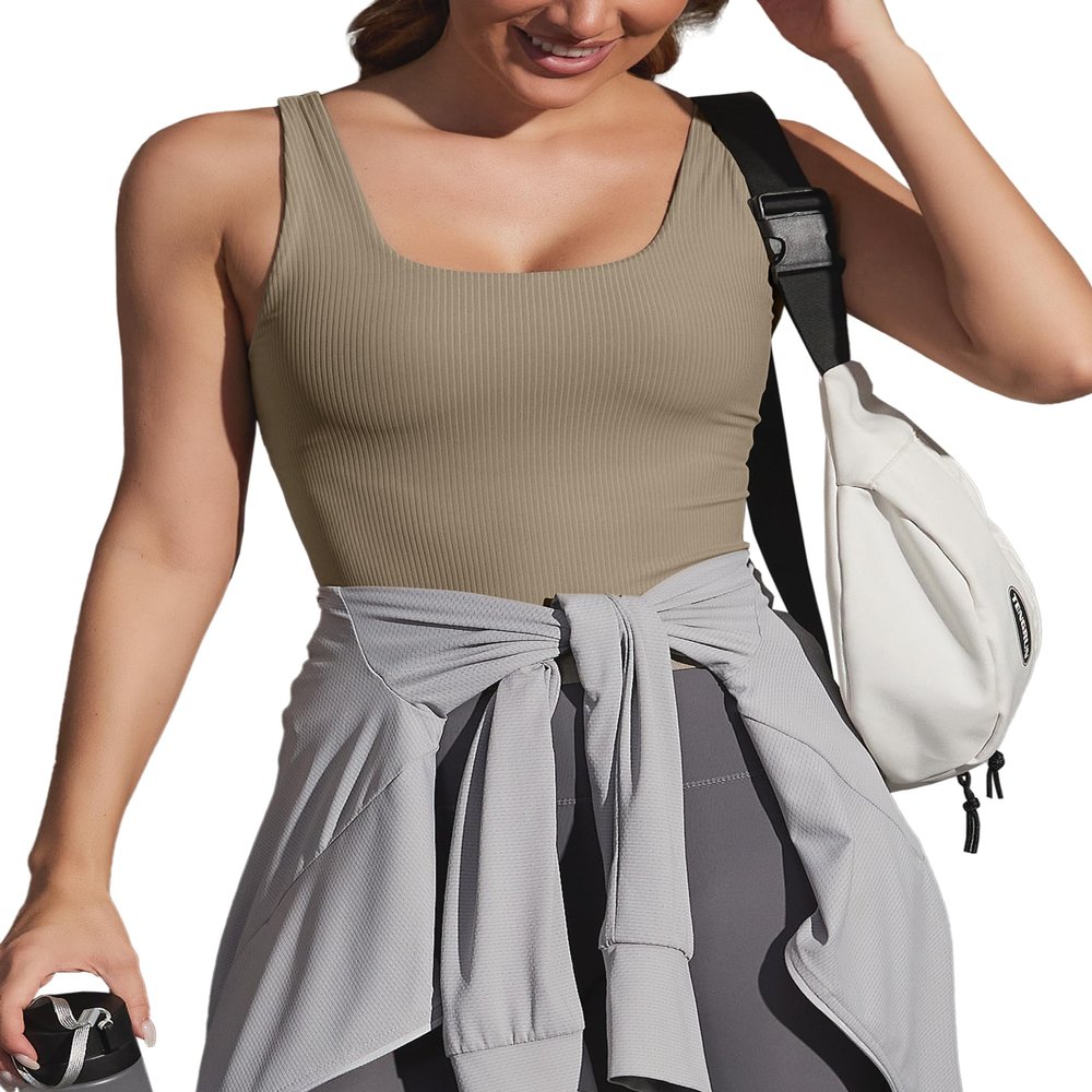 Ribbed Workout Tank Tops for Women with Built in Bra Padded Scoop Neck Slimming Athletic Tank Top Grey Brown