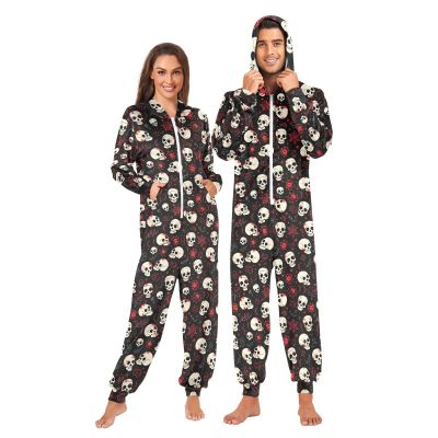 ALAZA Sugar Skull Spide Web Halloween Adult Onesie Pajamas Jumpsuit Unisex One-Piece Pajamas for Women Men L Multi