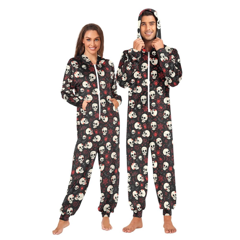 ALAZA Sugar Skull Spide Web Halloween Adult Onesie Pajamas Jumpsuit Unisex One-Piece Pajamas for Women Men L Multi