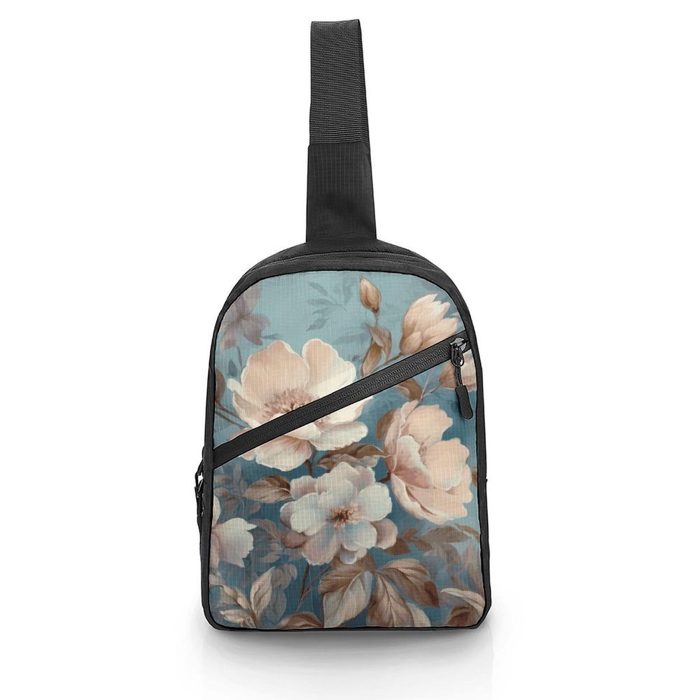 Sling Bag for Men Women Flowers on Blue Background Sling Backpack Chest Bag Casual Daypack Crossbody Bag for Travel