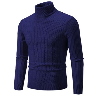 Mens Turtleneck Sweater Slim Fit Cable Knitted Casual Pullover Lightweight Ribbed Long Sleeve Sweaters Navy