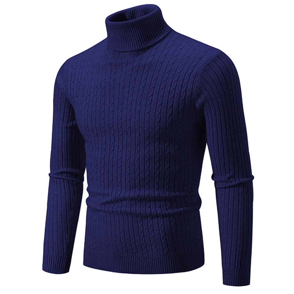 Mens Turtleneck Sweater Slim Fit Cable Knitted Casual Pullover Lightweight Ribbed Long Sleeve Sweaters Navy