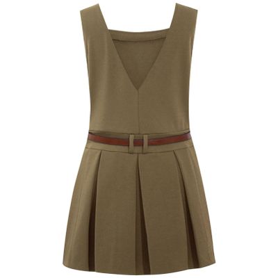 FEESHOW Kids Girls School Uniform Dress Square Neck V-Back Sleeveless Pleated Dress with Belt Daily Wear Khaki 12 Years