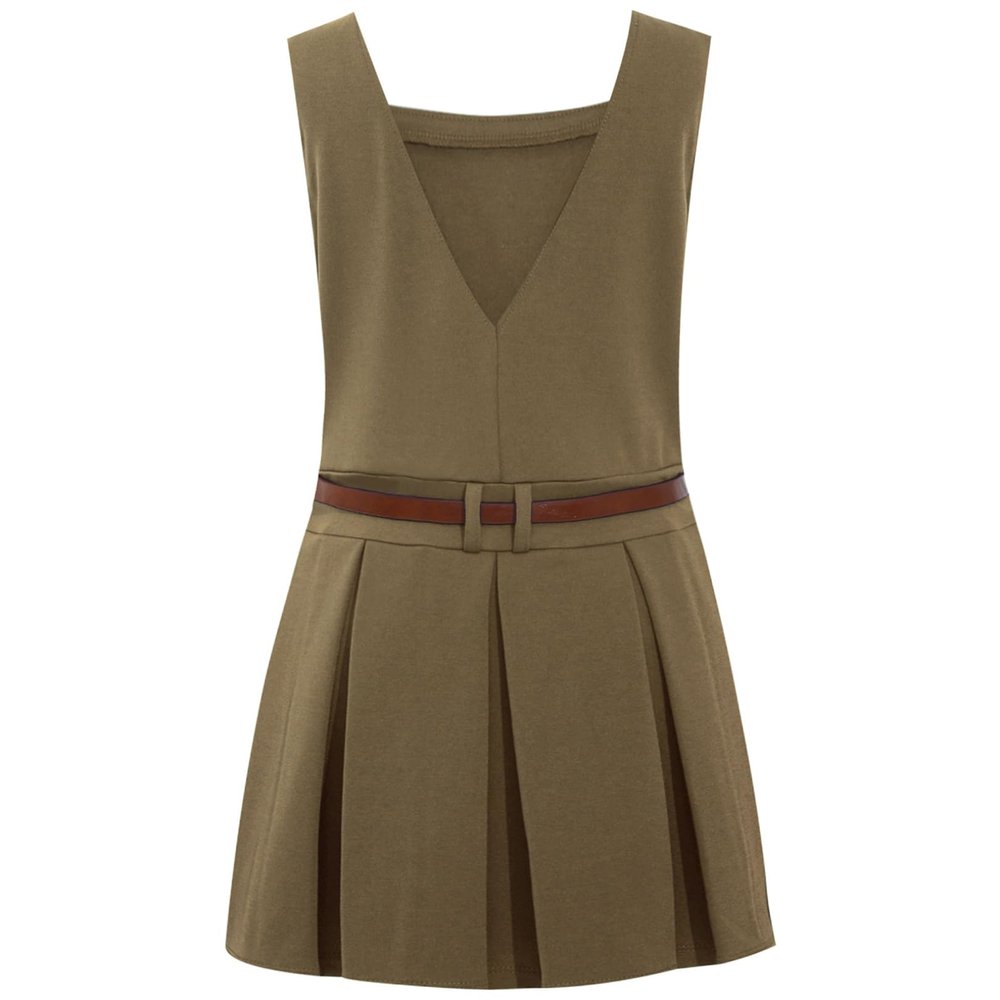FEESHOW Kids Girls School Uniform Dress Square Neck V-Back Sleeveless Pleated Dress with Belt Daily Wear Khaki 12 Years