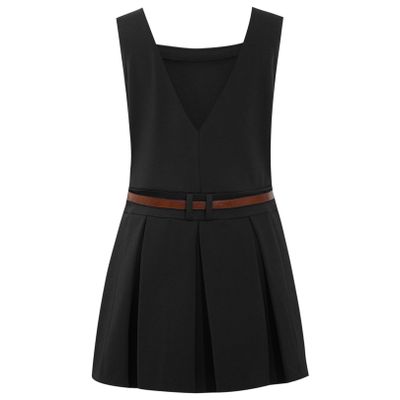 FEESHOW Kids Girls School Uniform Dress Square Neck V-Back Sleeveless Pleated Dress with Belt Daily Wear Black 6 Years
