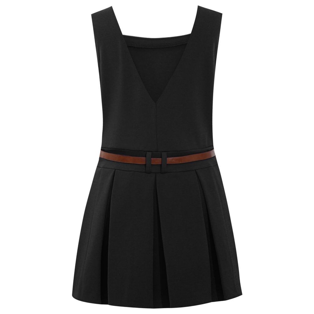 FEESHOW Kids Girls School Uniform Dress Square Neck V-Back Sleeveless Pleated Dress with Belt Daily Wear Black 6 Years