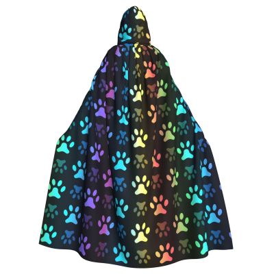 Juiimr Rainbow Paw Footprint Animal Pattern Long Hooded Cape Cloak For Halloween Carnival Theme Party Cosplay Costume Decor
