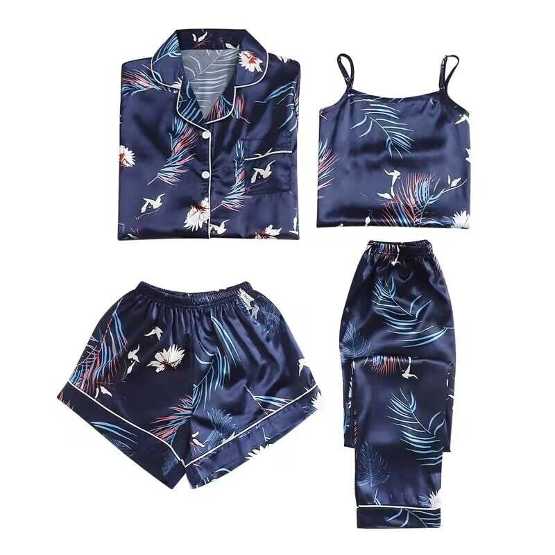 4pcs Soft Pajamas for Women,Silk Pajama Set Robe Lingerie Satin Sleepwear Camisole Long Pants Shorts Sexy (Blue, M)