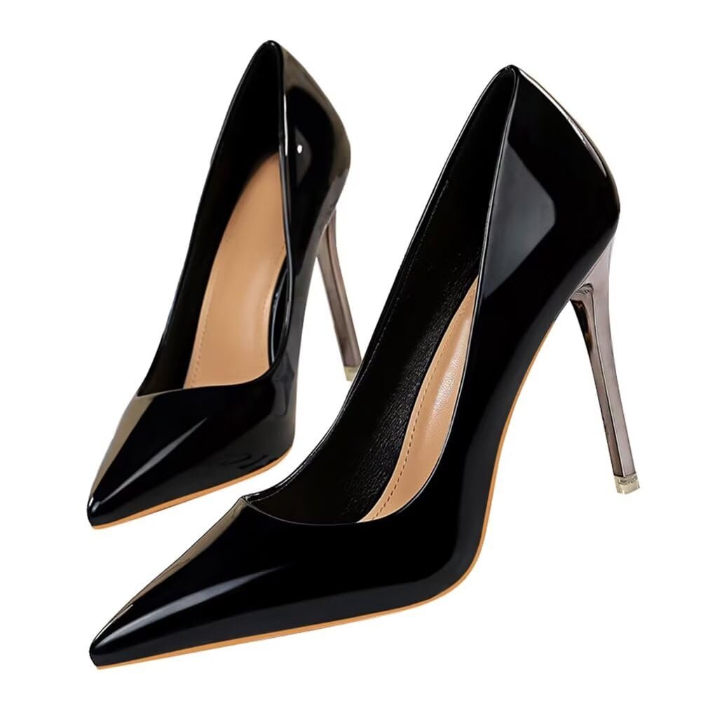 LUXINYU Women Sexy Pointed Toe Heels Elegant Stiletto Shiny Pu Leather Upper Ladies Pumps Party Dress Shoes Comfortable Work Office Shoes,Black 10
