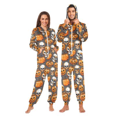ALAZA Pumpkin Sugar Skull Gray Halloween Adult Onesie Pajamas Jumpsuit Unisex One-Piece Pajamas for Women Men S