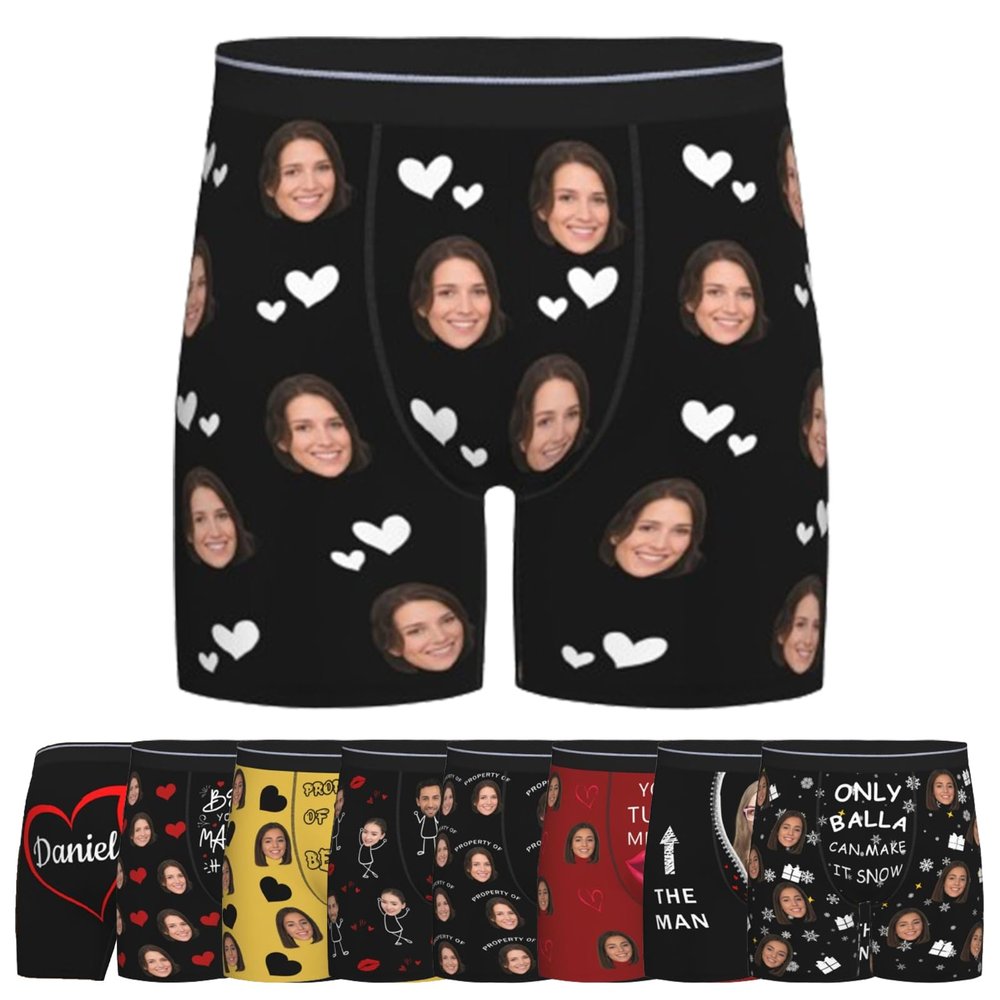 Nsipan Custom Boxers for Men with Funny Face Customized Long Underwear for Boyfriend Husband Personalized with Photo Gifts for Valentines Day Anniversary Birthday