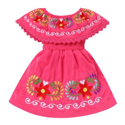 ABAFIP Baby Girls Toddler Kids Mexican Dress Sleeveless Ruffle Floral Embroidery Traditional Fiesta Dress Watermelon Red 12-18 Months