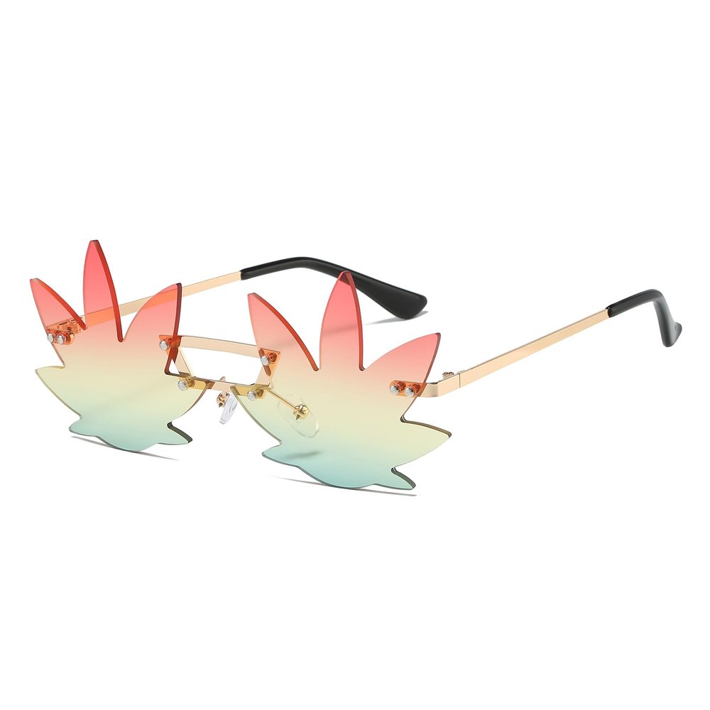 LJCZKA Maple Leaf Shape Sunglasses Women Men - Rimless Funky Glasses Rave Festival Party Halloween Christmas Accessories (Gold Red Yellow Green)